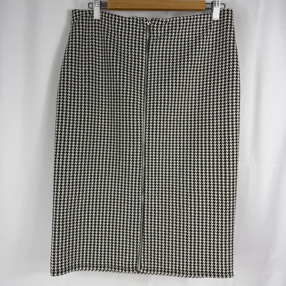 Vtg Mandy Evans Houndstooth Black White Pencil Skirt Front Full Zipper Large